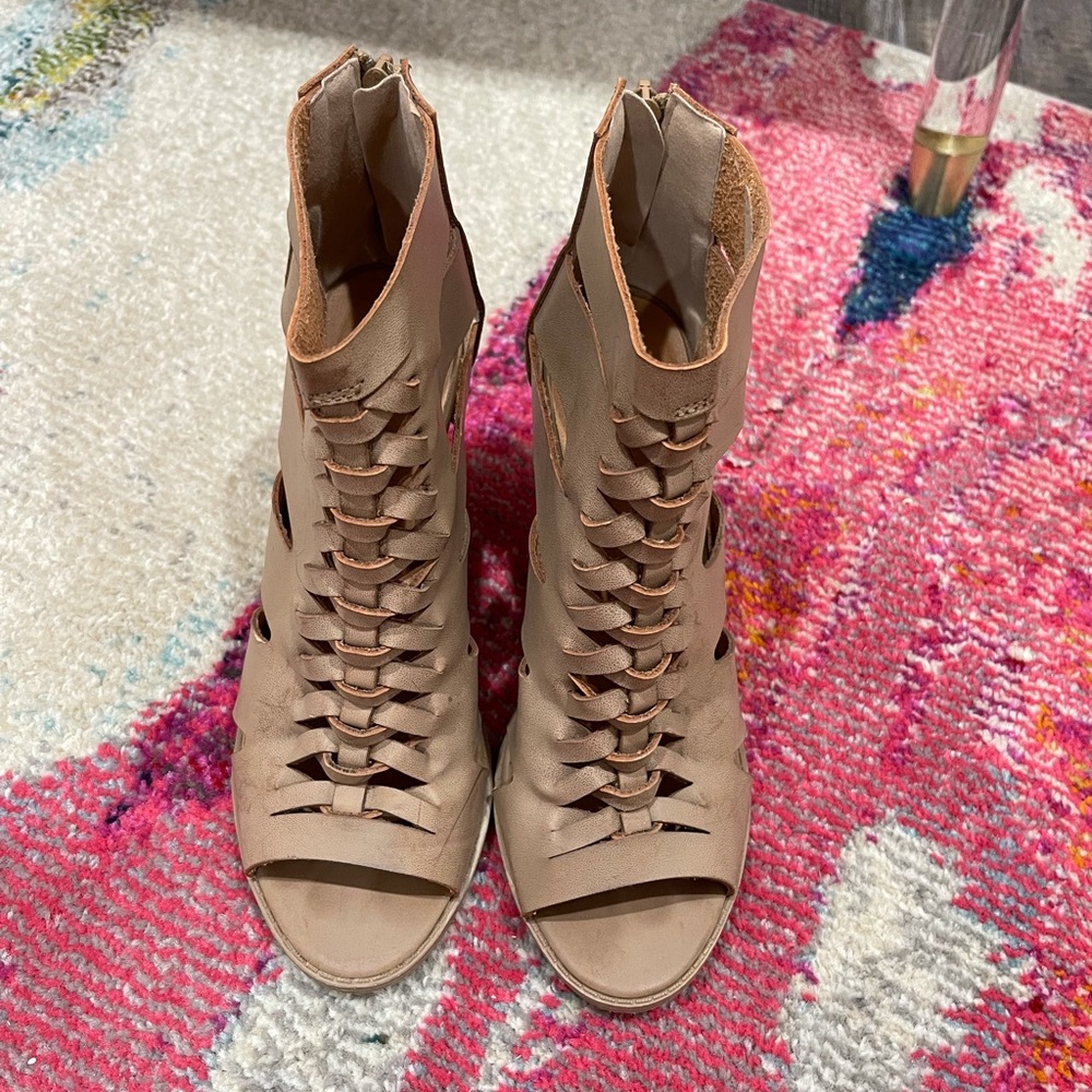Chunky Leather Peep-Toe Heels